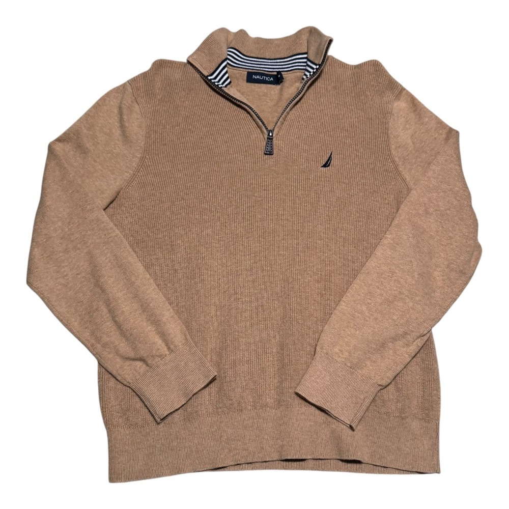 Nautica Embroidered Logo Tan 1/4 Zip Pullover Sweater Men's Medium